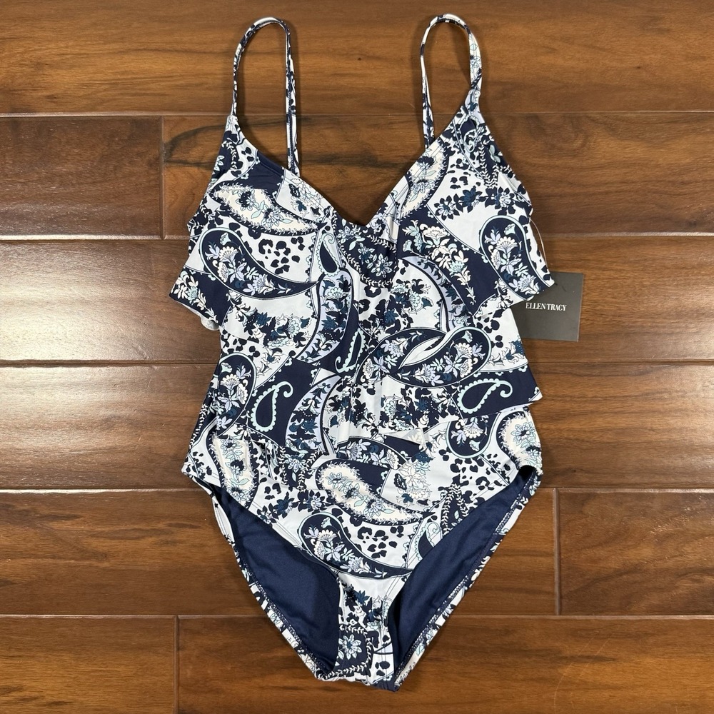 Ellen Tracy Women's Size 6 Navy Blue Paisley Floral Ruffled One Piece Swimsuit
